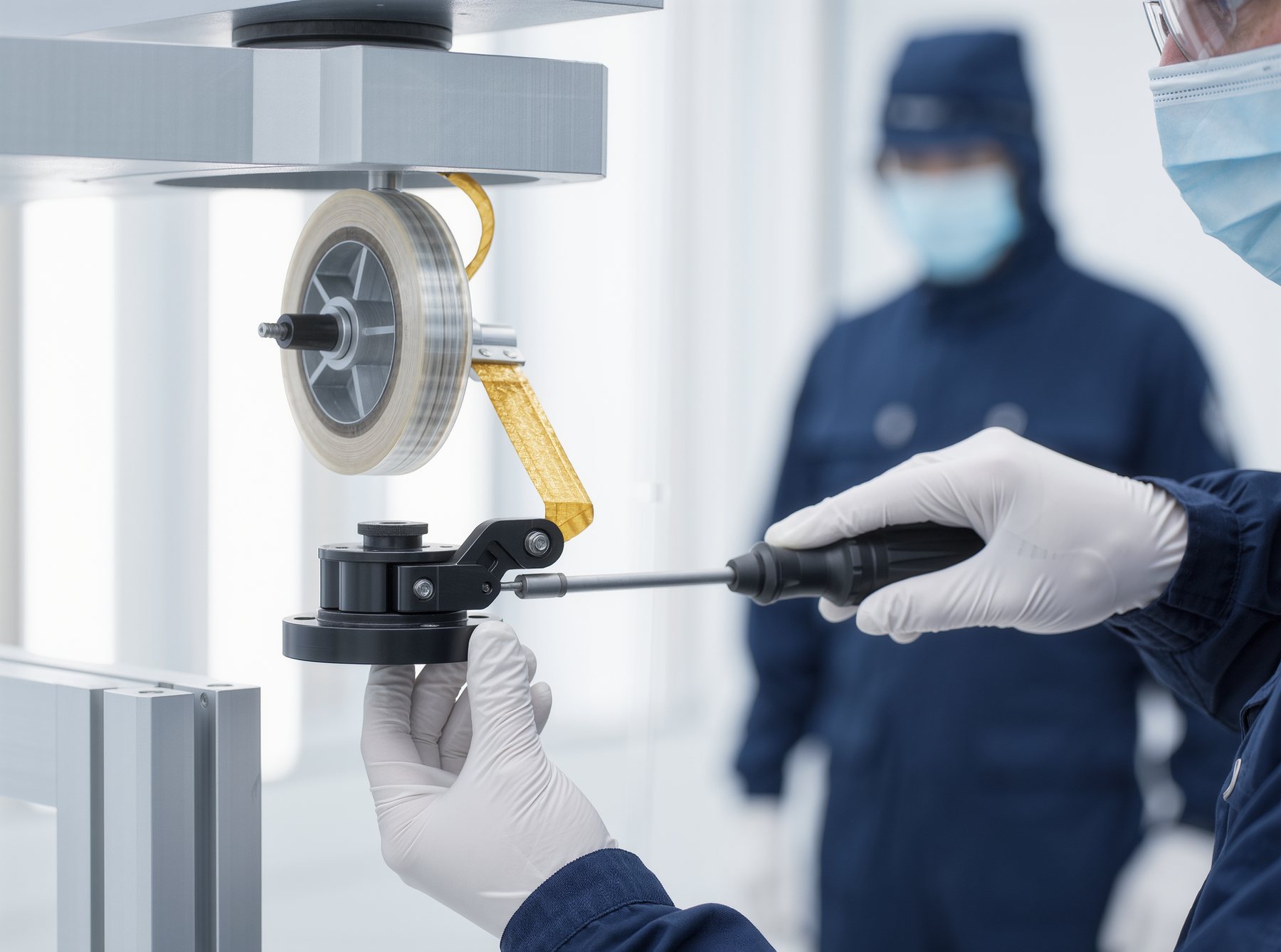 Engineers assembling deployable hardware in a cleanroom